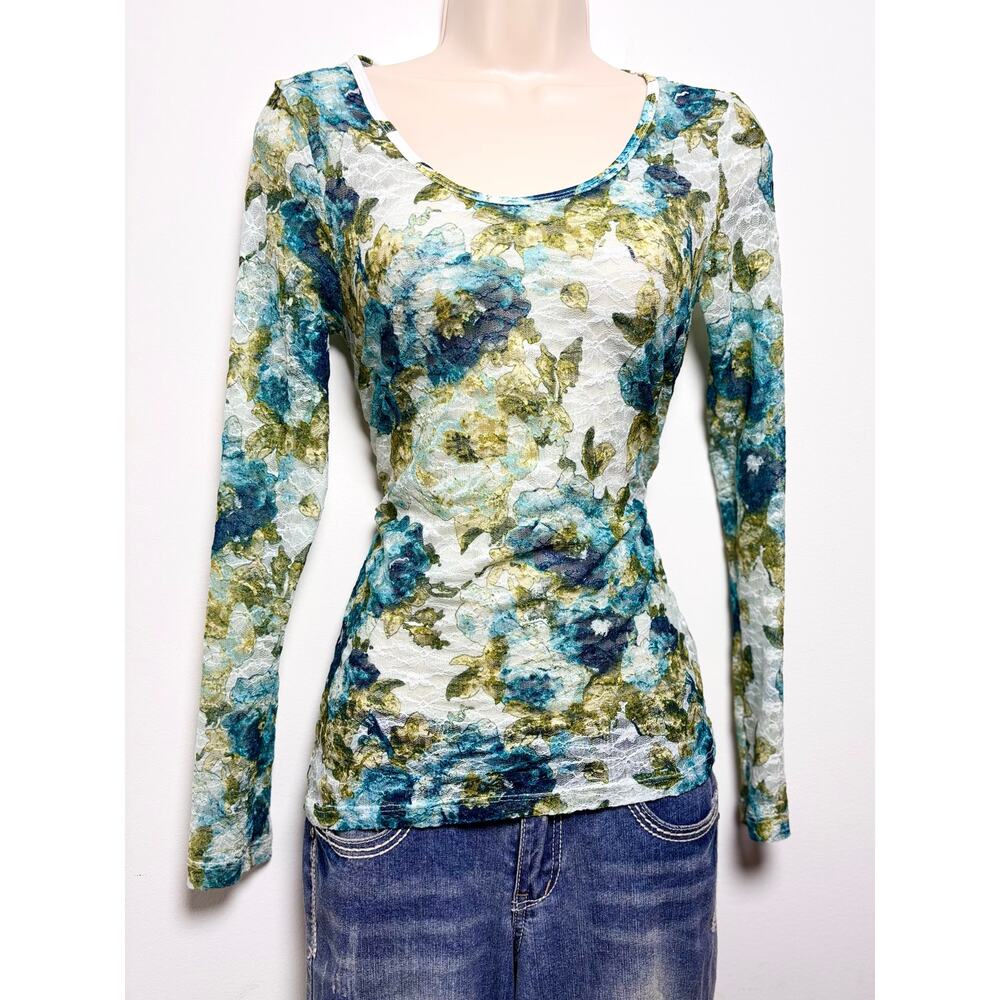 Vintage Y2K Mudd Fairycore Longsleeve Fitted Top Allover Lace Floral Watercolor